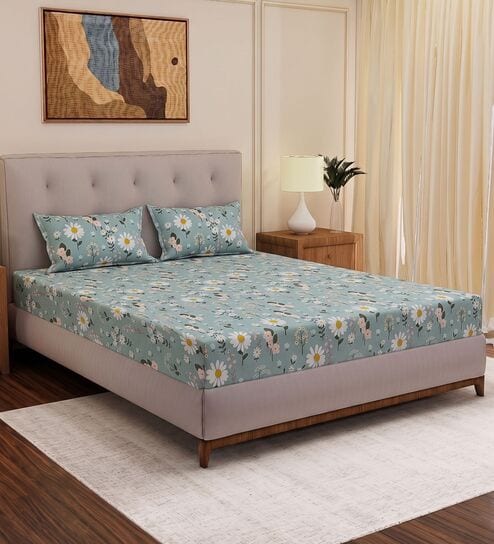 Green Floral 180 TC Polyester Double Size Bedsheet With 2 Pillow Covers