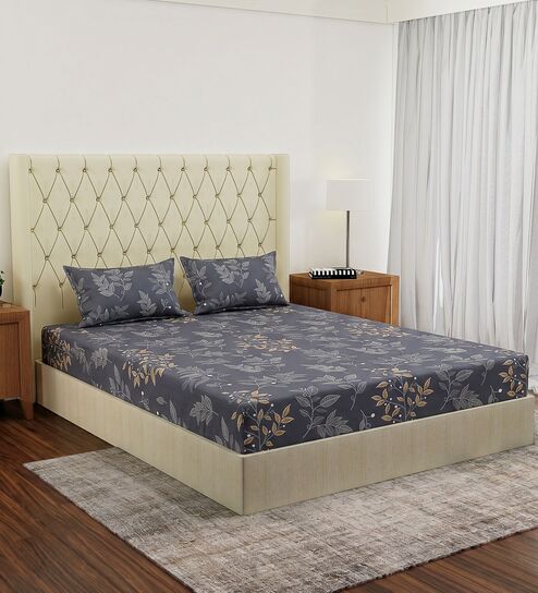 Grey Leaf 180 TC Polyester Double Size Bedsheet With 2 Pillow Covers