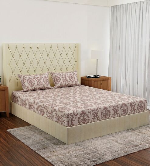 Pink Printed 180 TC Polyester Double Size Bedsheet With 2 Pillow Covers