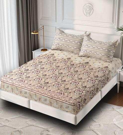 Fawn Ethnic Print 180 TC Cotton King Bedhseet 2 pillow covers