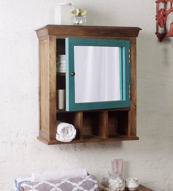 Buy Mango Wood Brown Blue 5 Compartment Bathroom Cabinet With Mirror L 22 W 10 H 26 Inches By Fabuliv Online Wall Cabinets Wall Accents Home Decor Pepperfry Product