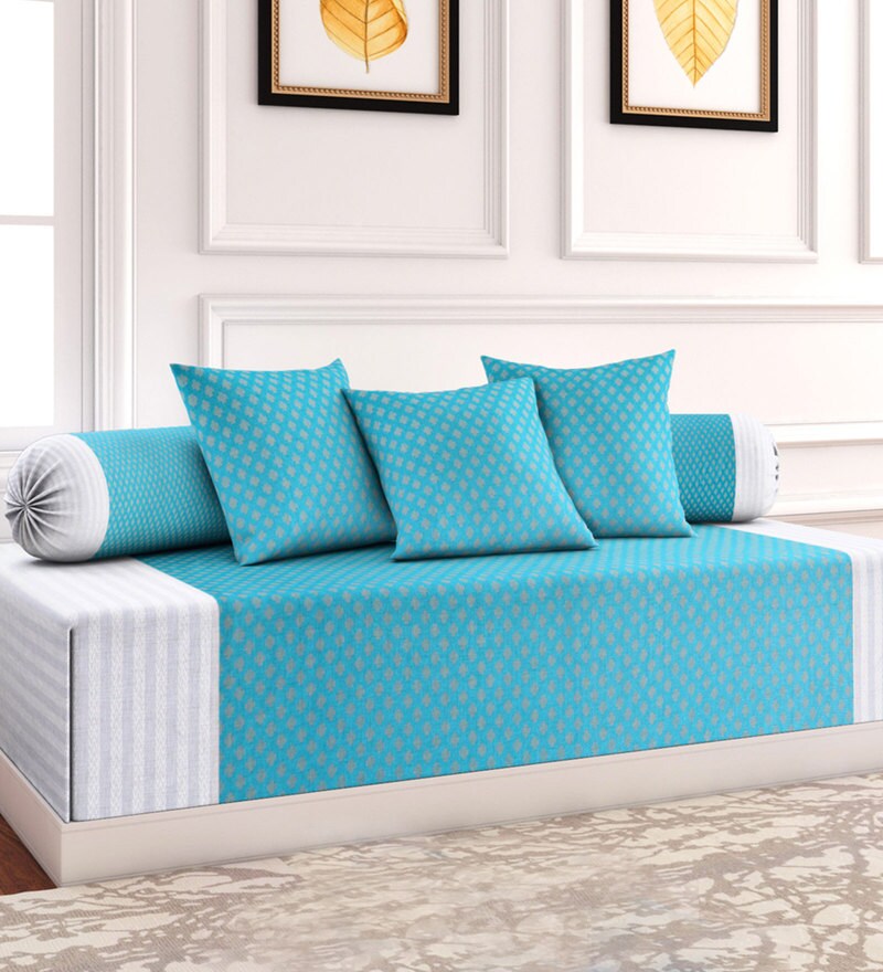 Buy Fabric Geometric Blue Diwan set, 1 Diwan Sheet, 2 Bolster Cover, 3