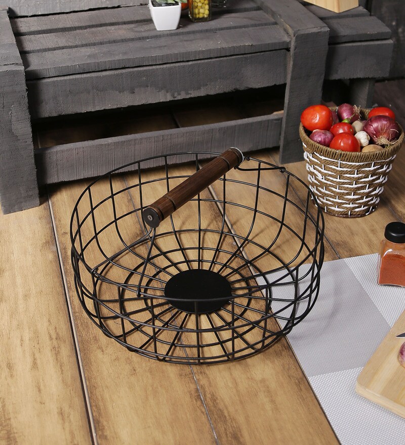 Buy Fabuliv Black Metal Mango Wood Hand Woven Basket With Handle