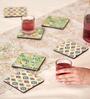 Farmhouse Coasters -Farm Garden, Green, Ikkat, Set of 6, 4  x 4