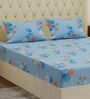Blue Floral 180 TC Polyester Double Size Bedsheet With 2 Pillow Covers