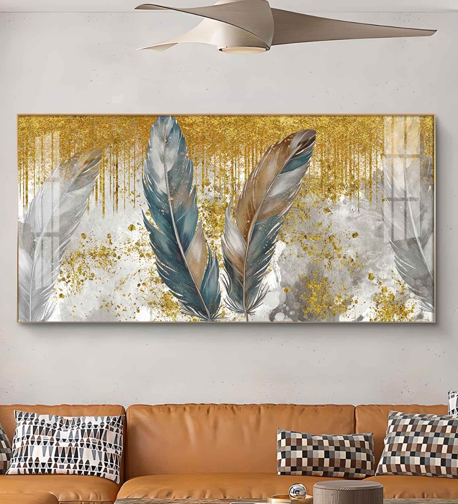 Feather Harmony Glass Finish Horizontal Wall Art