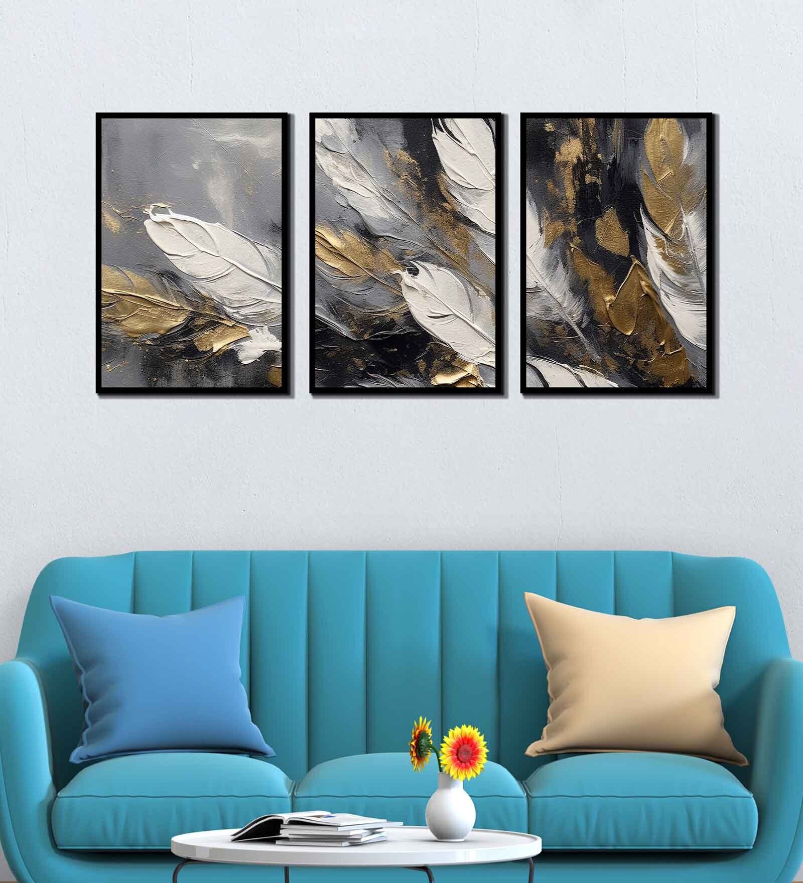 Feather Multicolour Canvas & MDF (Set of 3) Framed Art Panels