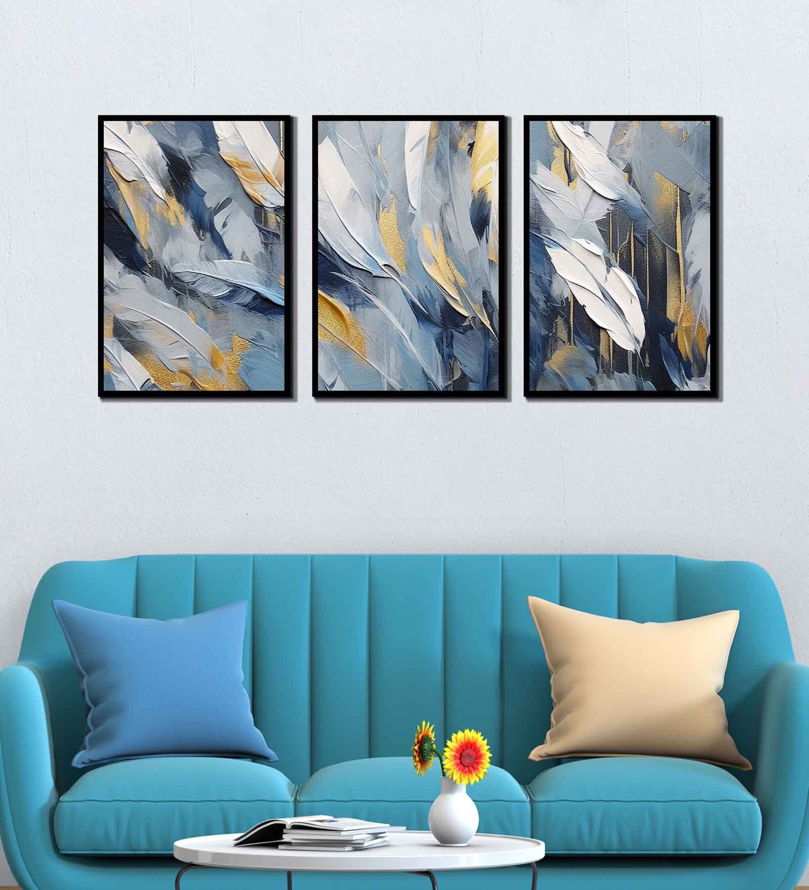 Feather Multicolour Canvas & MDF (Set of 3) Framed Art Panels