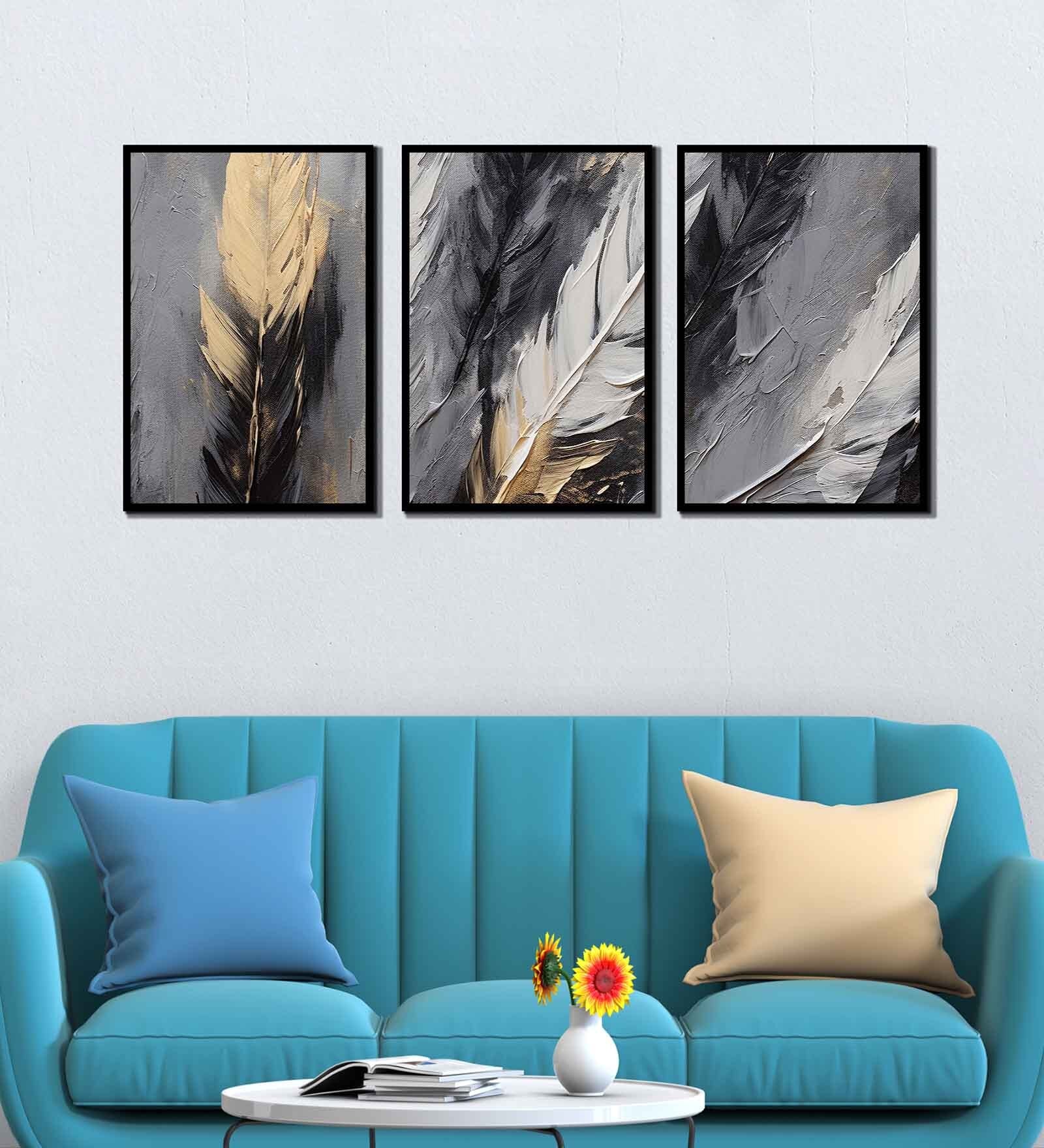 Feather Multicolour Canvas & MDF (Set of 3) Framed Art Panels