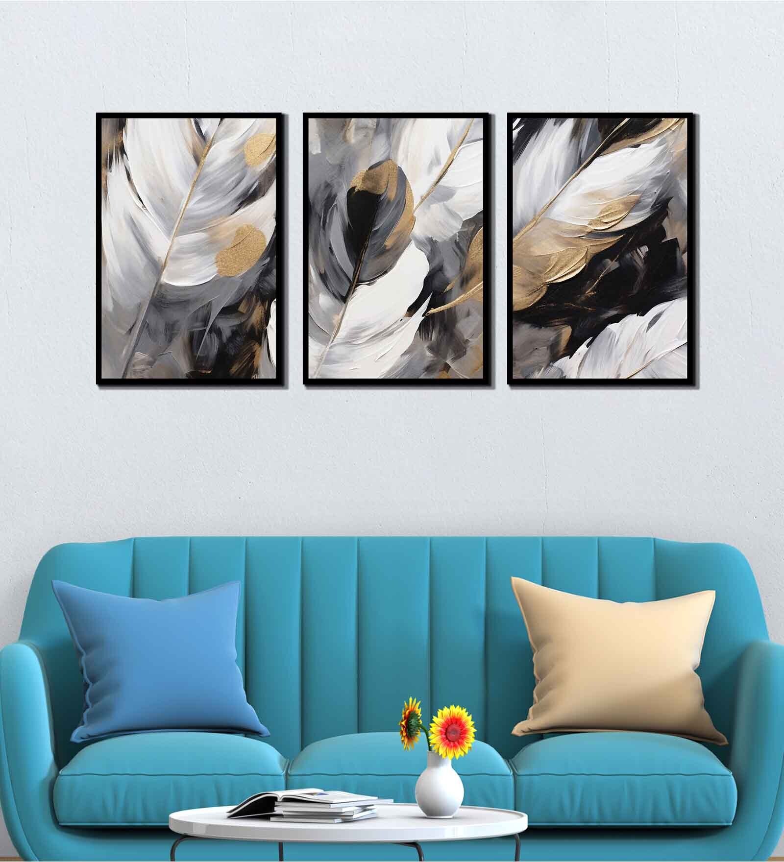 Feather Multicolour Canvas & MDF (Set of 3) Framed Art Panels