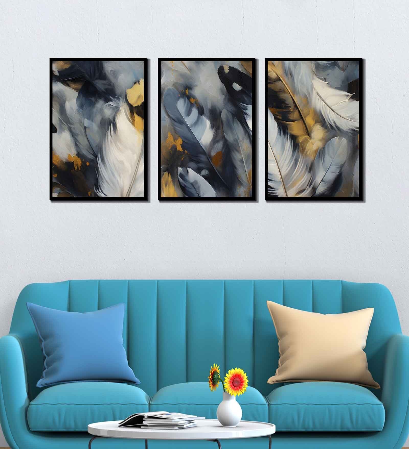 Feather Multicolour Canvas & MDF (Set of 3) Framed Art Panels