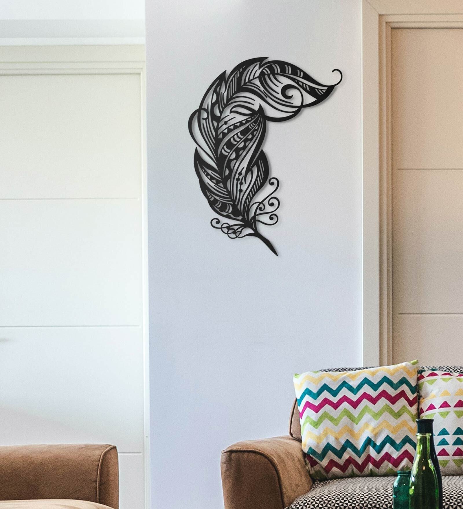 Iron Peocock Feather Wall Art In Black