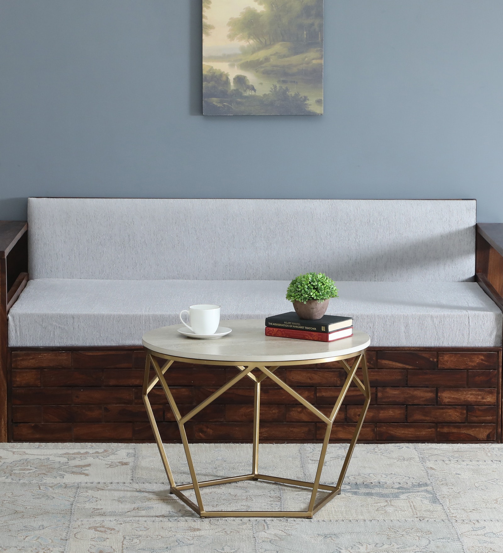 Felix Metal Coffee Table In Golden Base With Travertine Top