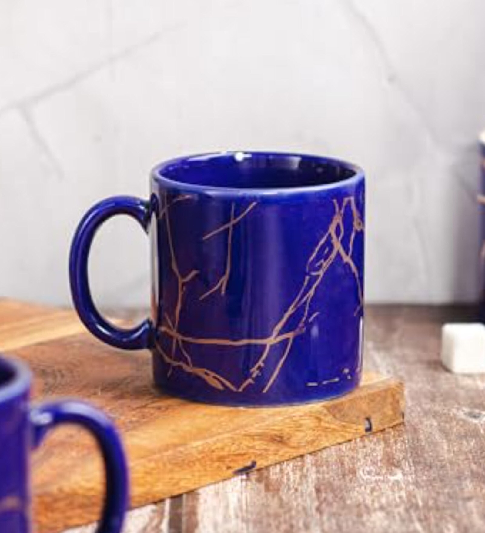 Femora 22k Liquid Marble Gold Design Ceramic Coffee Mug, Tea cups, Chip Resistant, 180 ML, Pack of 2, Royal Blue