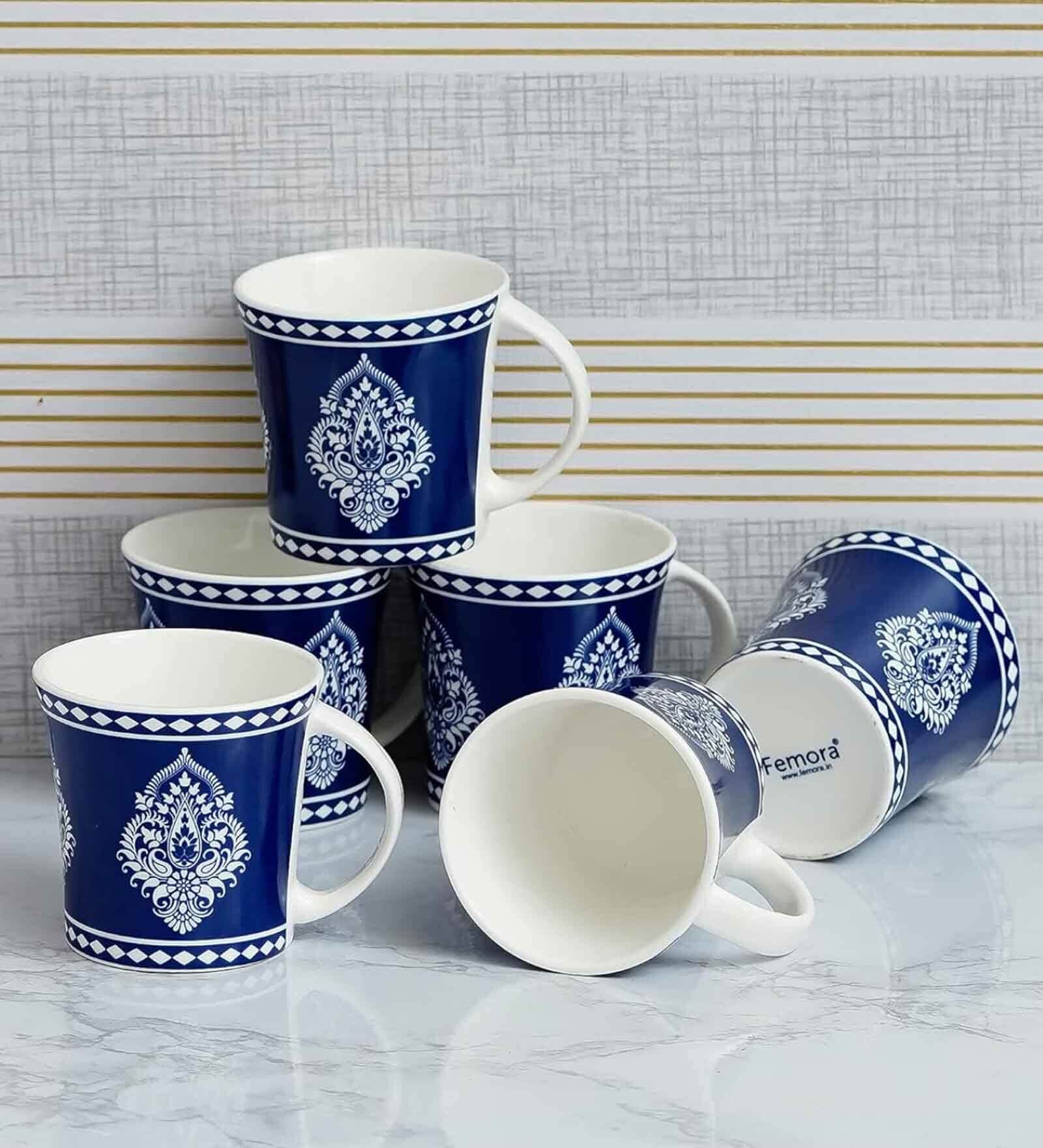 Blue 160 ml Ceramic Block Print (Set of 4) Tea Cup Set