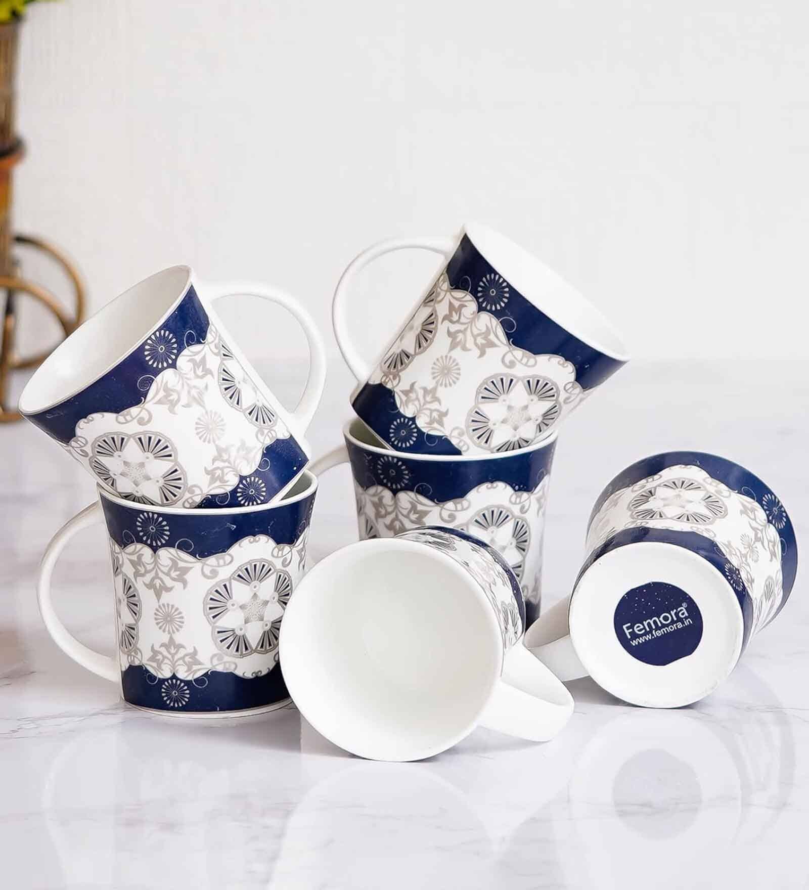 Blue & White 160 ml Ceramic Handcrafted Design (Set of 4) Tea Cup Set