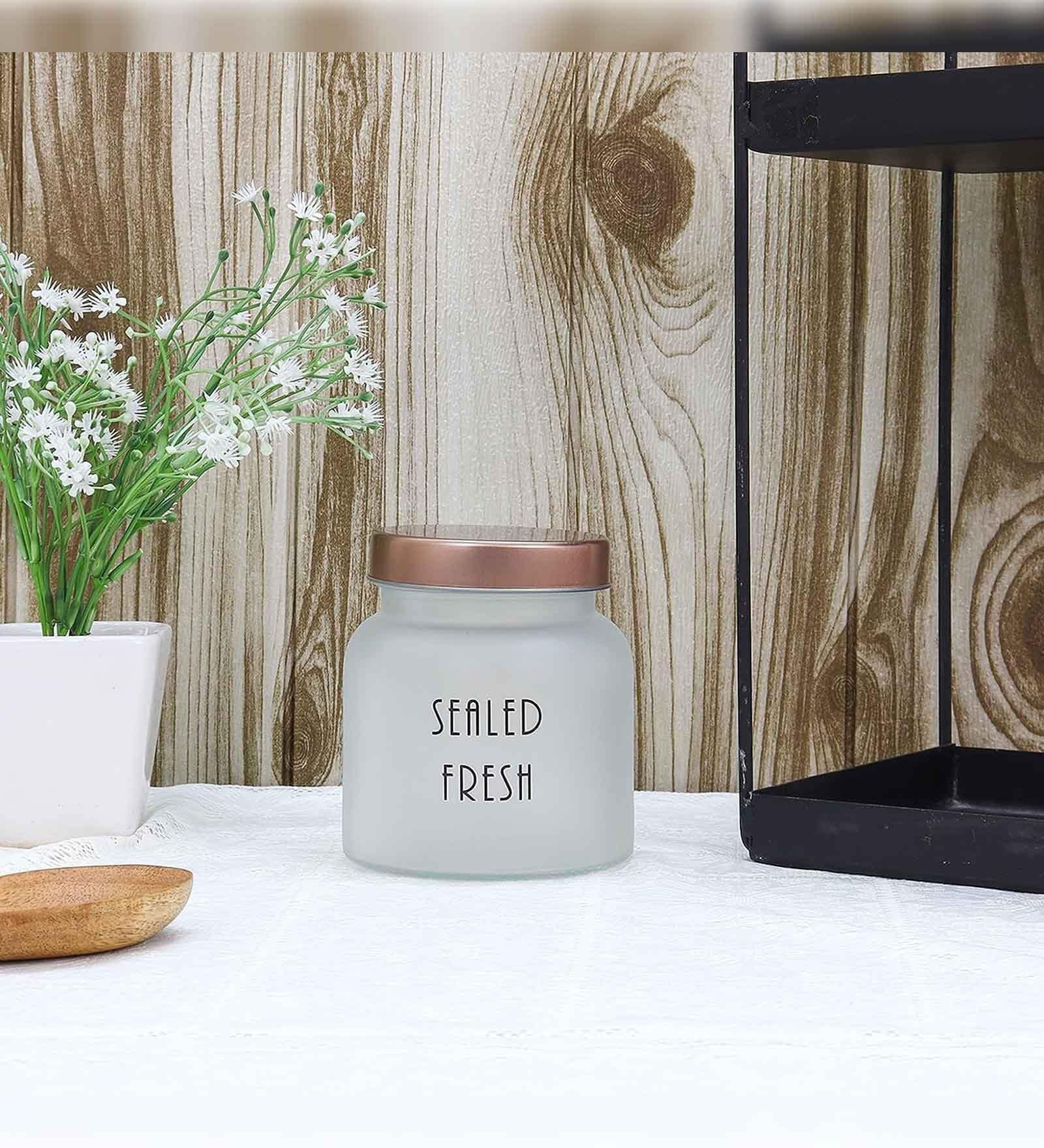 Frosted 700ml Glass (Set Of 4) Kitchen Storage with Gold Lid (Free Replacement of Lids)