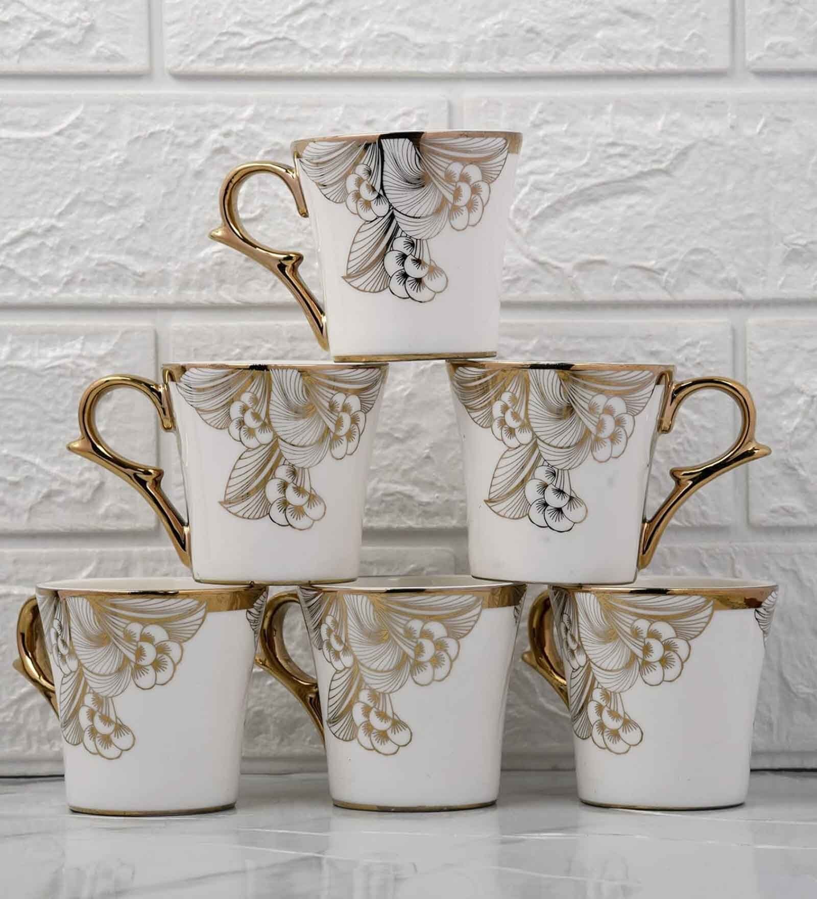 White & Gold 160 ml Ceramic (Set of 4) Tea Cup Set