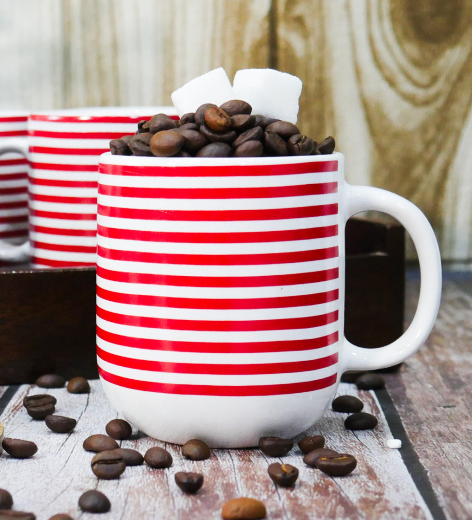 Femora Handcrafted Ceramic Coffee & Tea Cup Set of 2, 180 ML, Candy Striped Design Tea Cups, Stackable, Chip Resistant, Large Serving Coffee Cup, Ideal Coffee Mug for Gift-Red