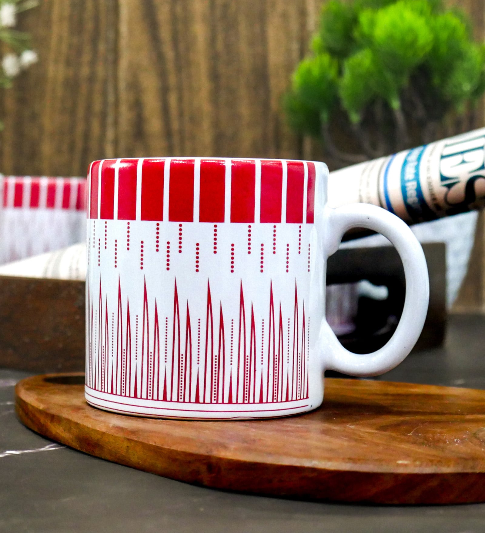 Femora Handcrafted Ceramic Coffee & Tea Cup Set of 2, 180 ML, Linear Design Tea Cups, Stackable, Chip Resistant, Large Serving Coffee Cup, Ideal Coffee Mug for Gift-Red