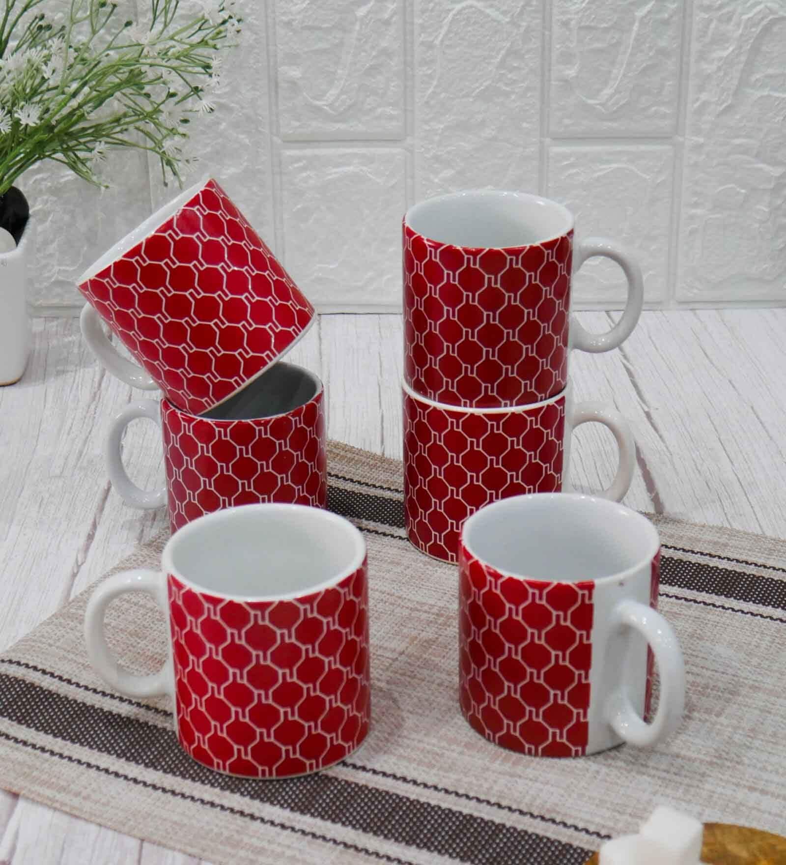 Red 180 ml Ceramic Geometric (Set of 6) Tea Cup Set