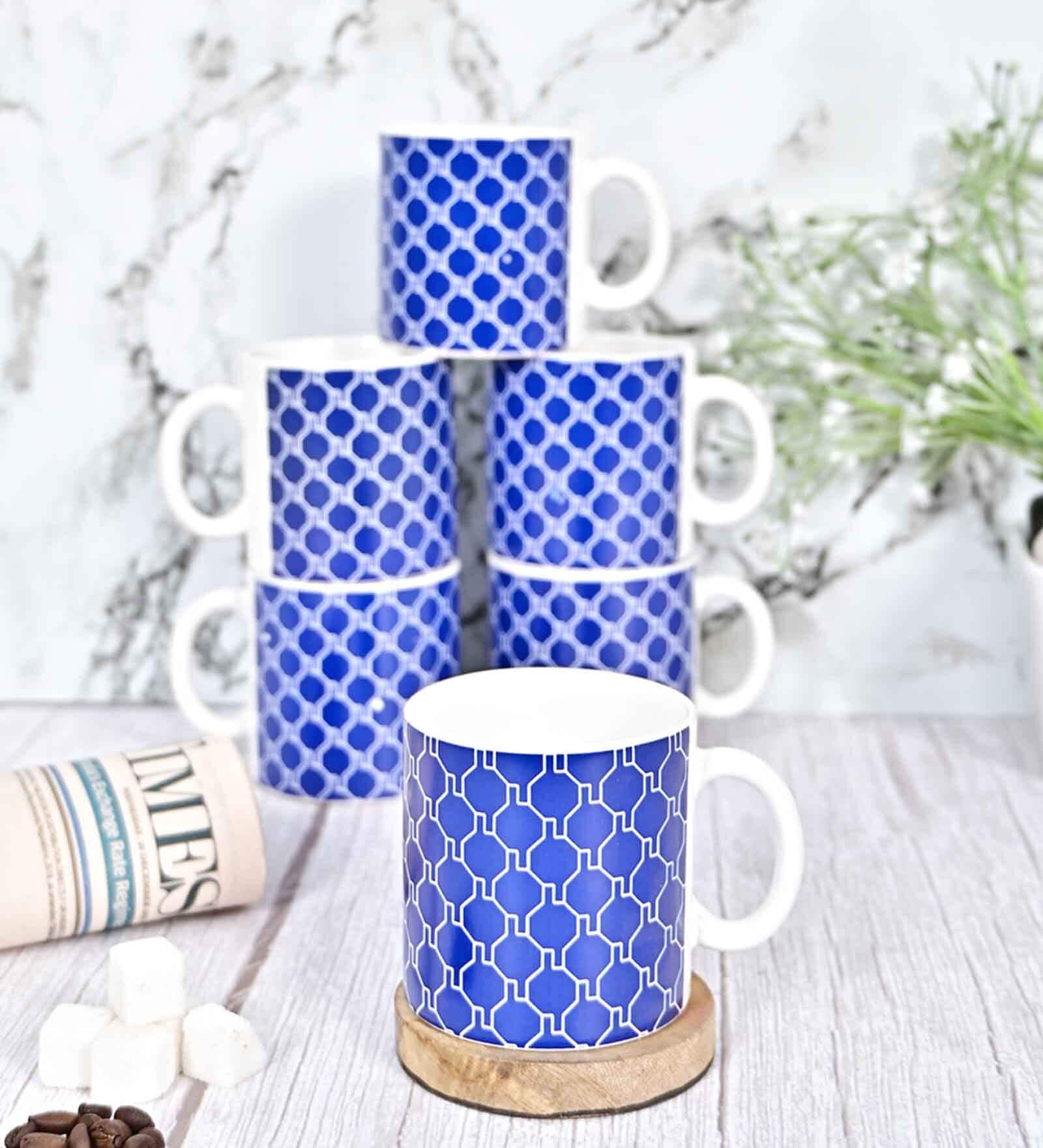 Blue 180 ml Ceramic Geometric (Set of 6) Coffee Mug