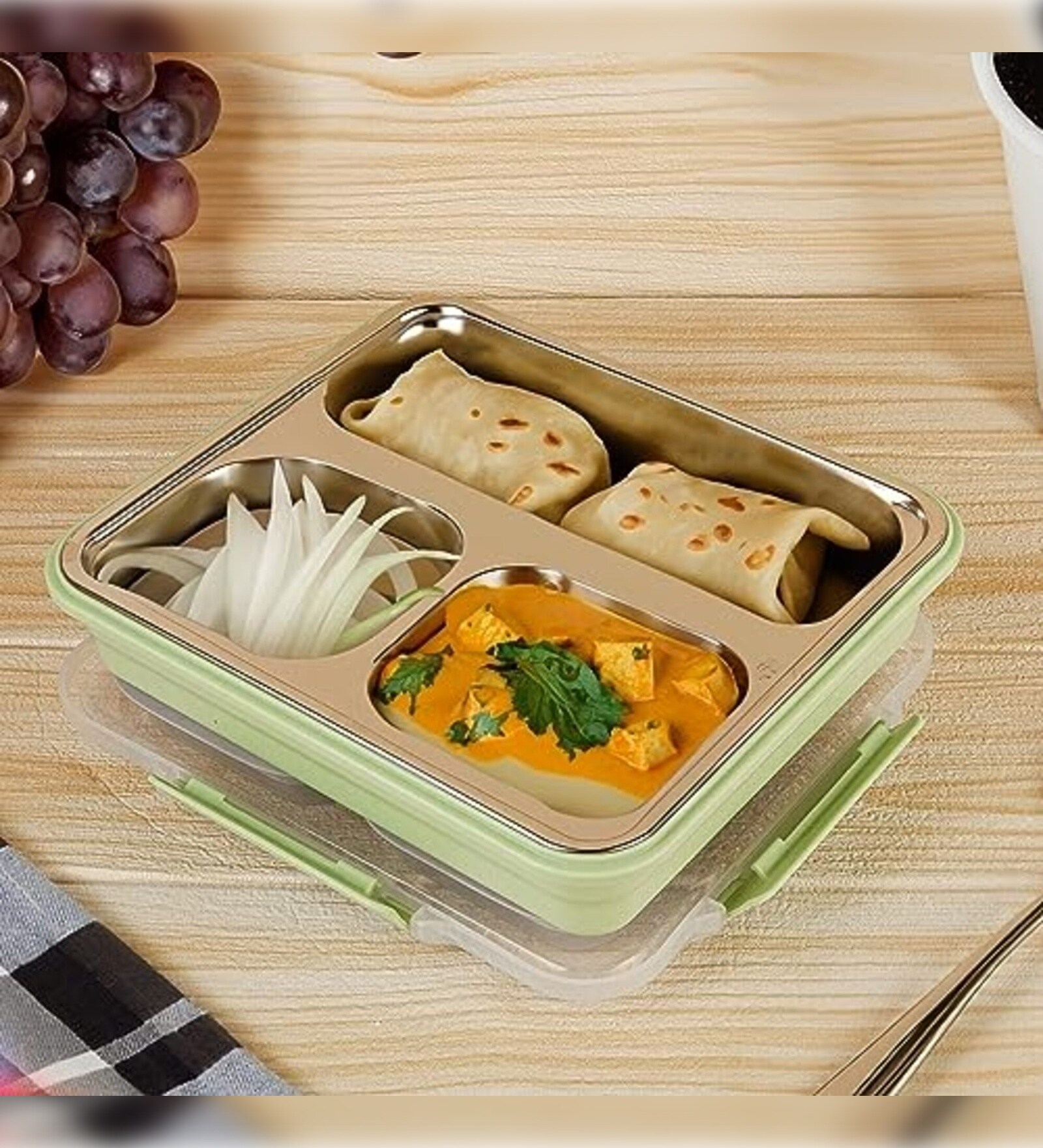 Green 800ml Stainless Steel Rectangle 3 Pots Lunch Box