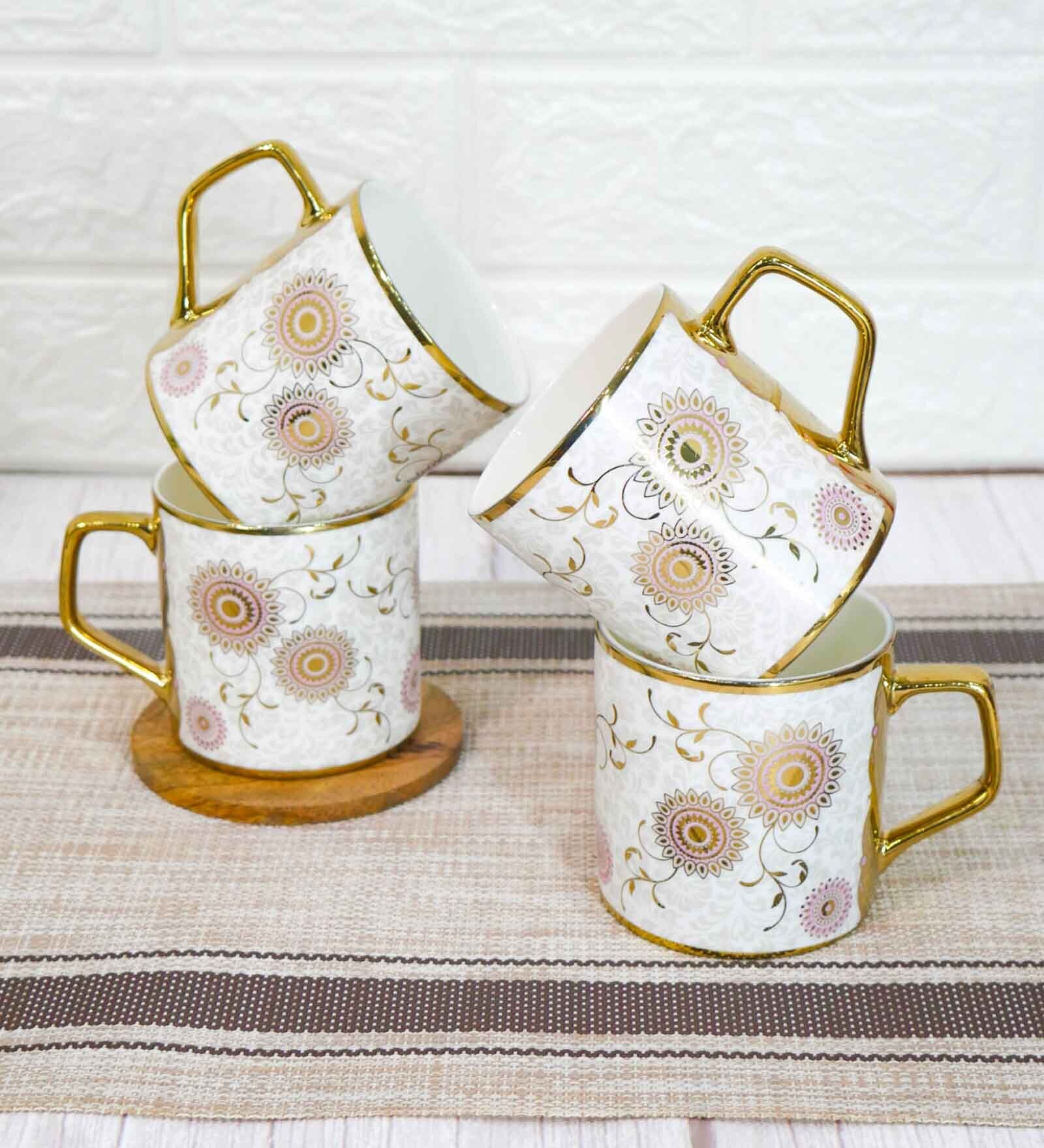 White & Gold 180 ml Ceramic Mandala Print (Set of 4) Tea Cup Set