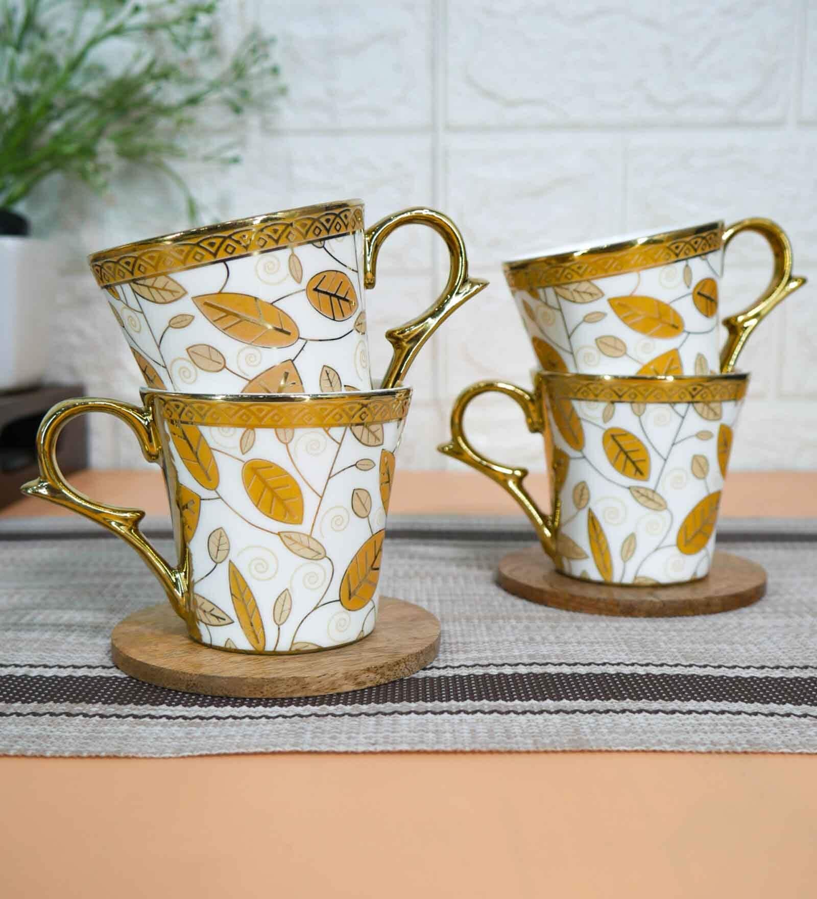 Gold 160 ml Ceramic Traditional Print (Set of 4) Tea Cup Set