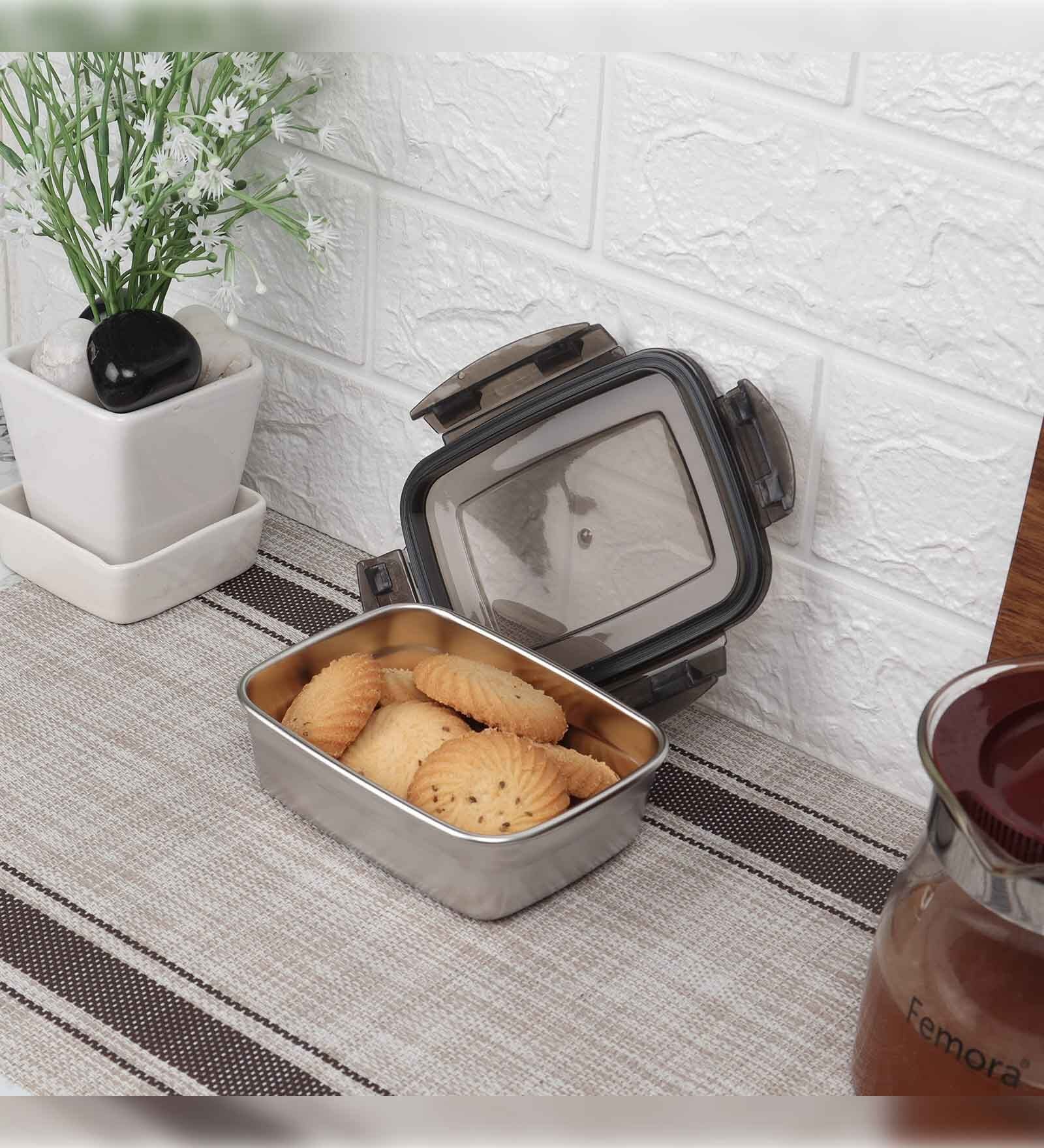 Femora Stainless Steel Container Multipurpose Lunch Box Set for Office, Green, Round-350 ml (2 Container), Rectangle-550 ml (1 Pcs).