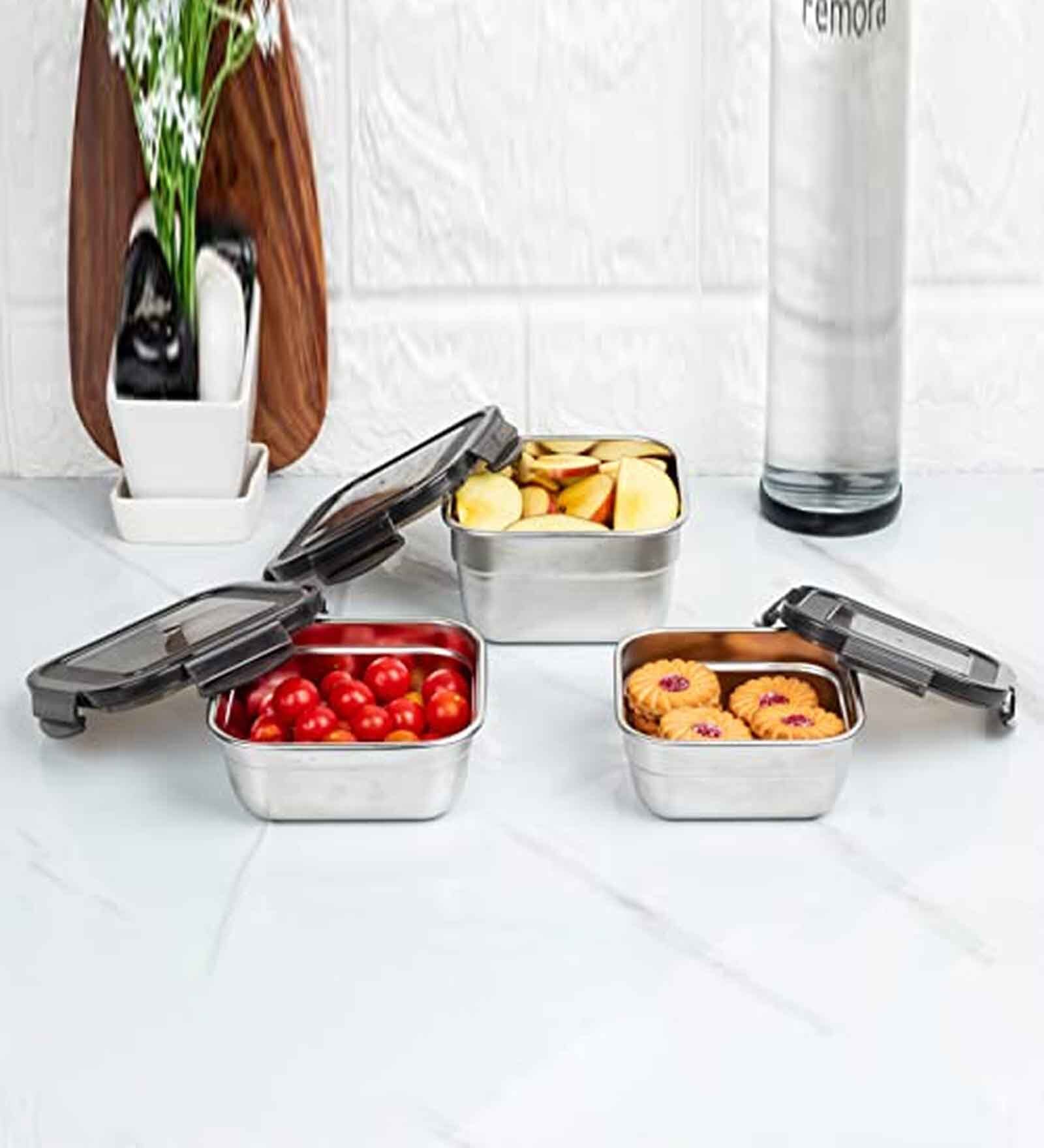 Femora Stainless Steel Container Multipurpose Lunch Box Set for Office, Green, Square-350 ml (2 Container), Rectangle-550 ml (1 Pcs).