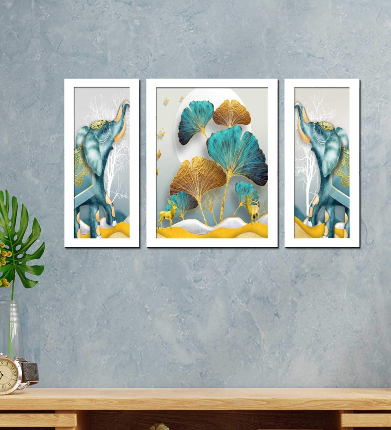 Feng Shui Elephant With Floral Art Wall Print MDF Art Print Set of 3