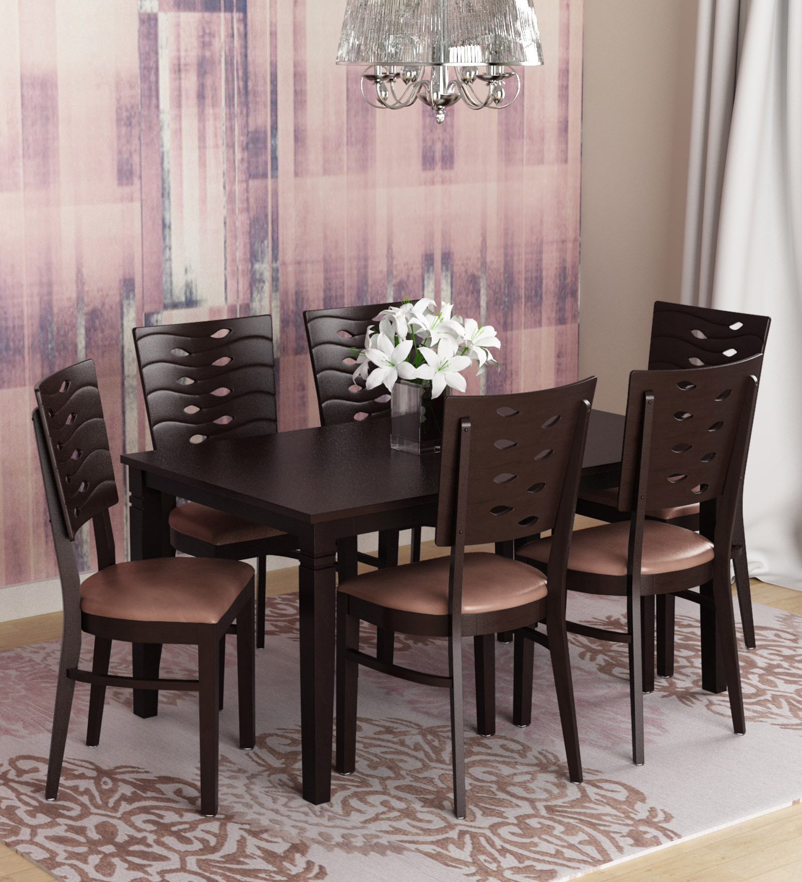 Fern Solid Wood 6 Seater Dining Set in Erin Brown Finish