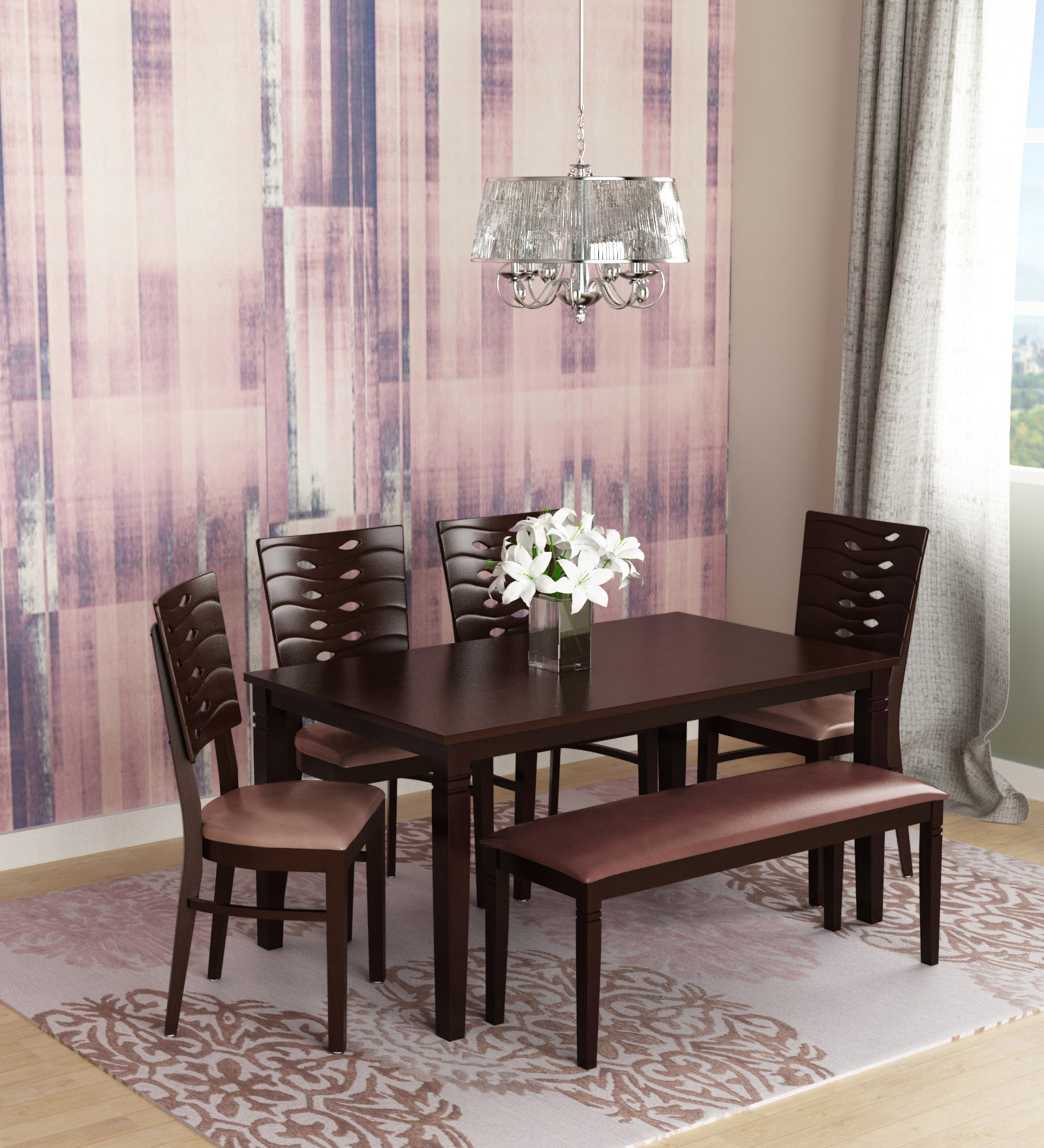 Fern Solid Wood 6 Seater Dining Set in Erin Brown Finish with Bench