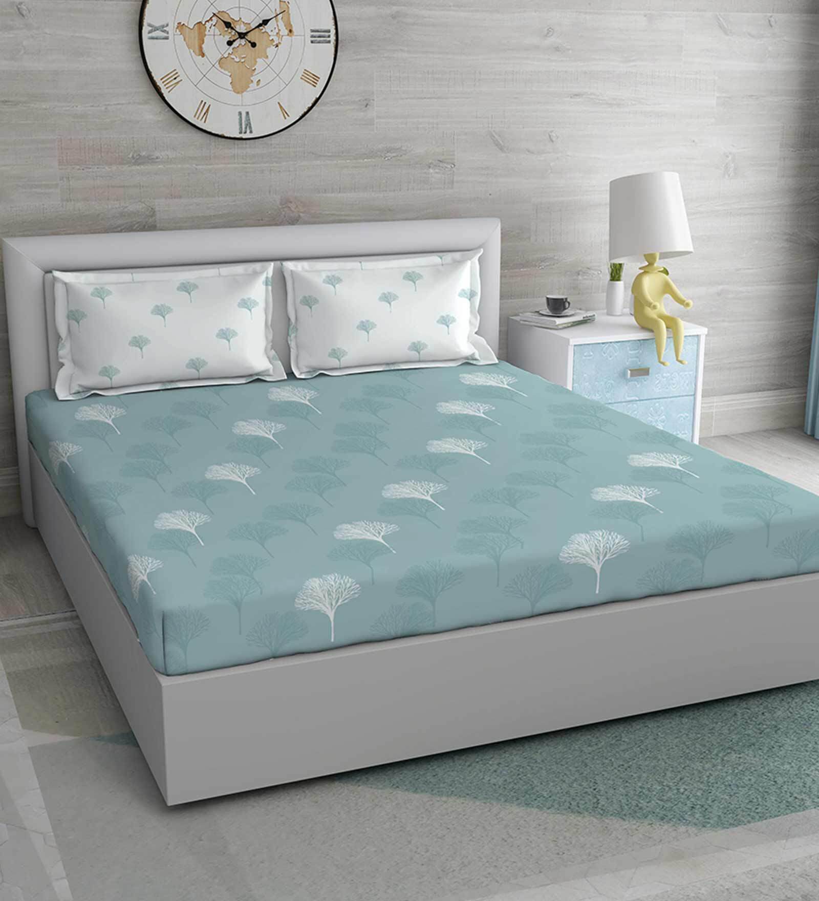 Buy Blue Floral Cotton 220 TC Antibacterial Bedsheet Set Double Size Bedsheet with 2 pillow