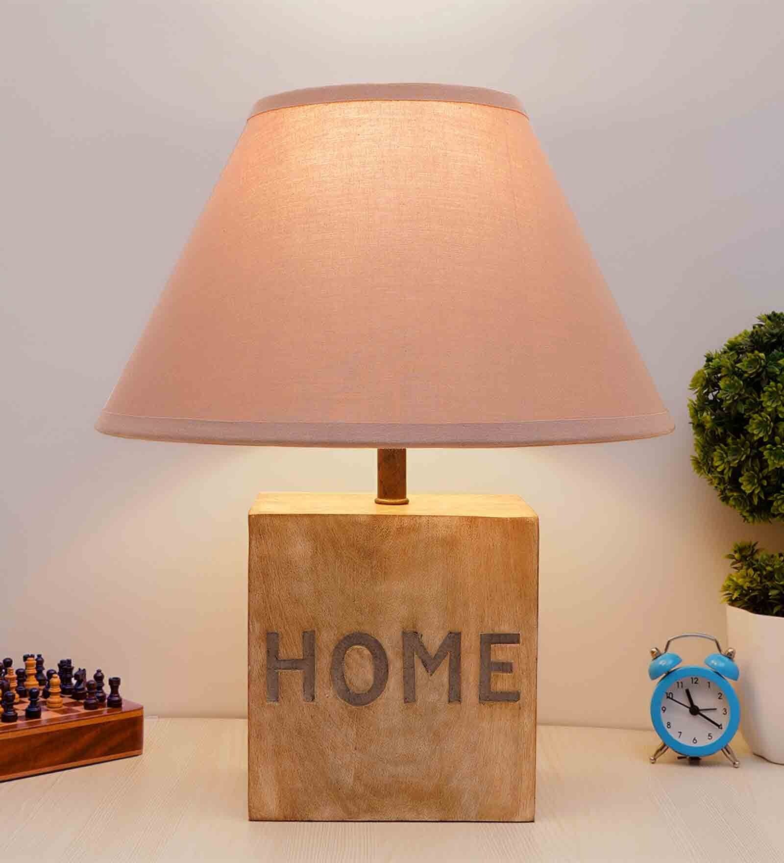 Flemish Beige Cottan Fabric Shade Night Lamp With Mango wood Base