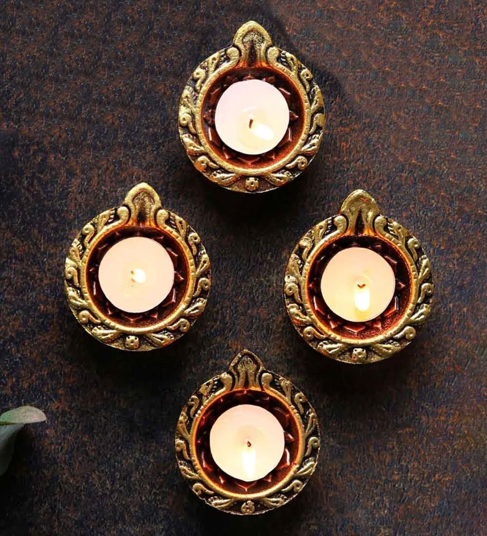 Festive Terracota Gold Diyas (Pack Of 4)