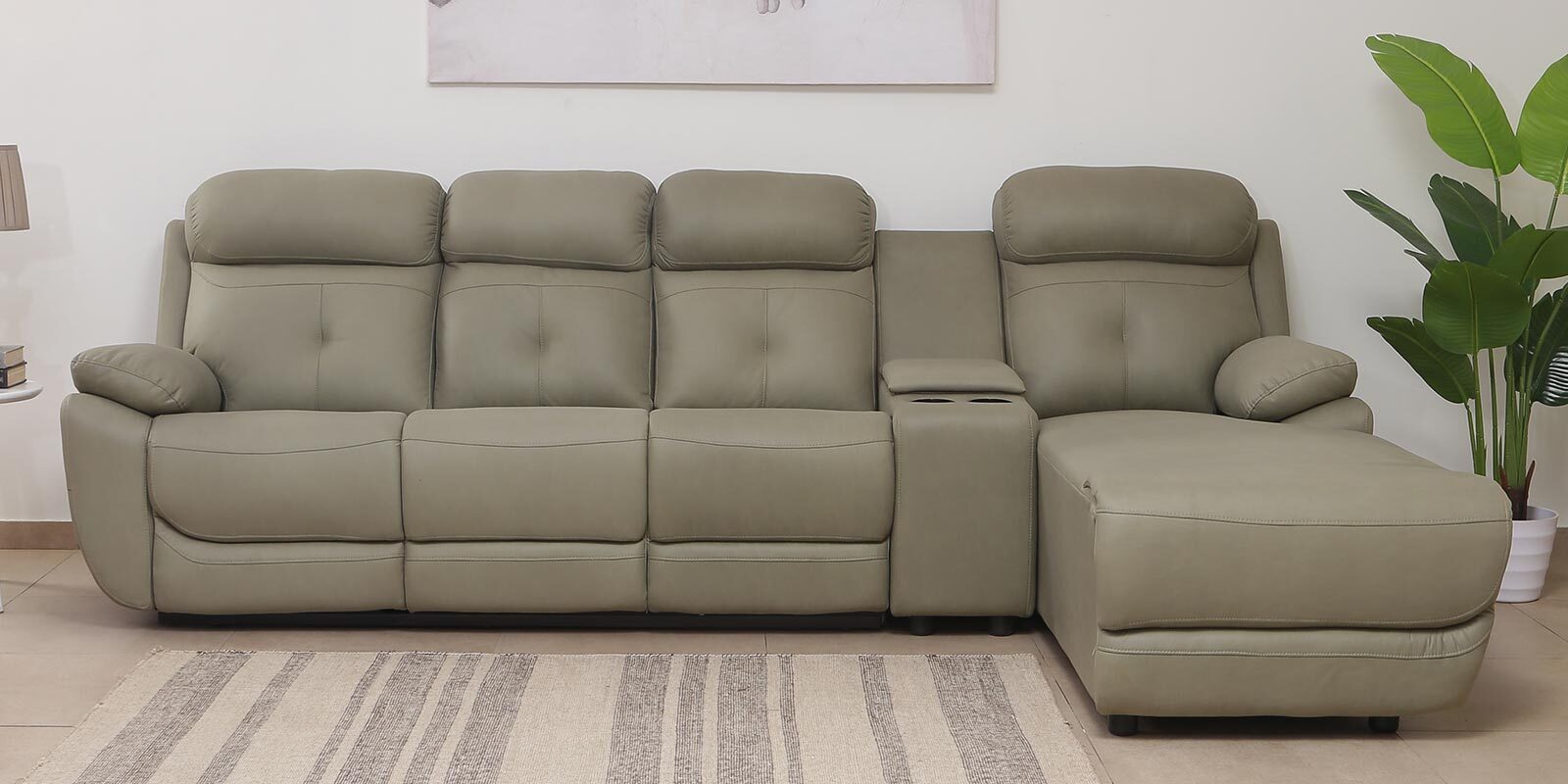 Felso Fabric Motorized Recliner Corner Sofa In Olive Finish With Storage Box