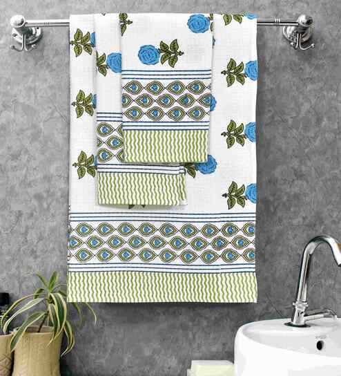 Feather White Madhuban Floral Waffle Cotton 250 GSM Bath & Hand Towel Set