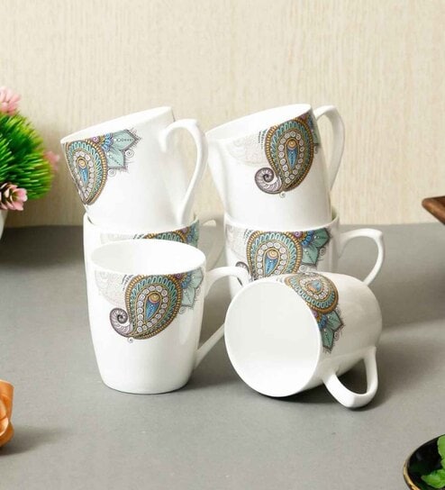 White 160 ml Ceramic Handmade Peacock (Set of 4) Tea Cup Set