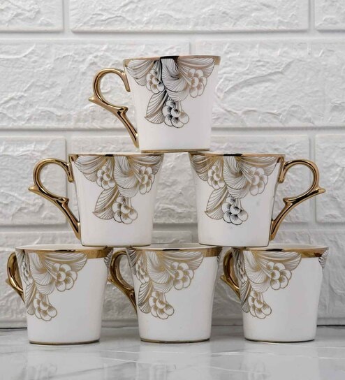 White & Gold 160 ml Ceramic (Set of 4) Tea Cup Set