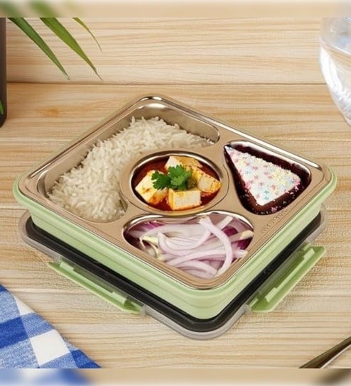 Green 800ml Stainless Steel Rectangle 4 Pots Lunch Box