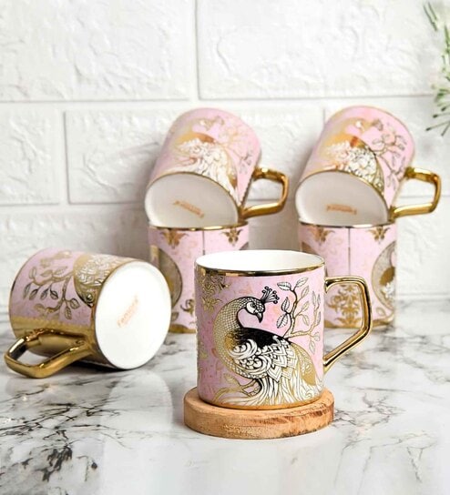 Pink 180 ml Ceramic Peacock (Set of 4) Tea Cup Set