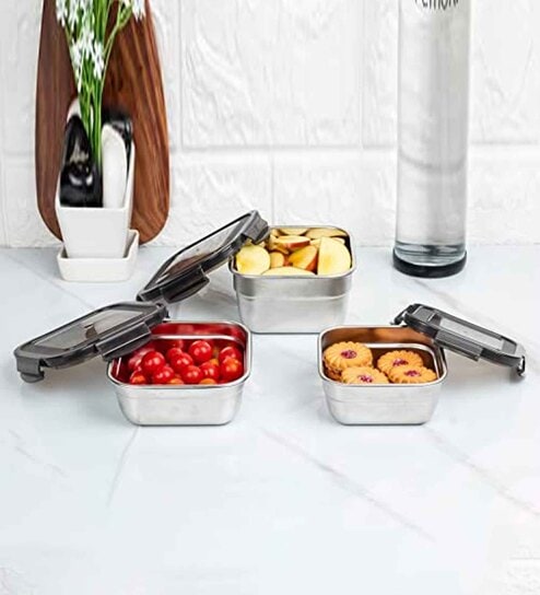 Femora Stainless Steel Container Multipurpose Lunch Box Set for Office, Green, Square-350 ml (3 Container).