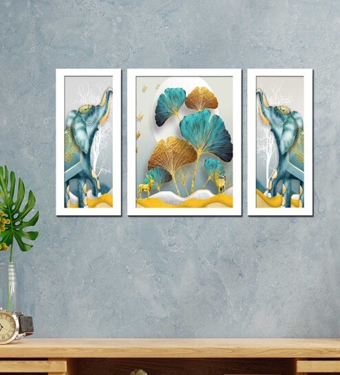Feng Shui Elephant With Floral Art Wall Print MDF Art Print Set of 3