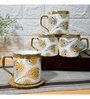 Gold 180 ml Ceramic Feather Print (Set of 4) Tea Cup Set
