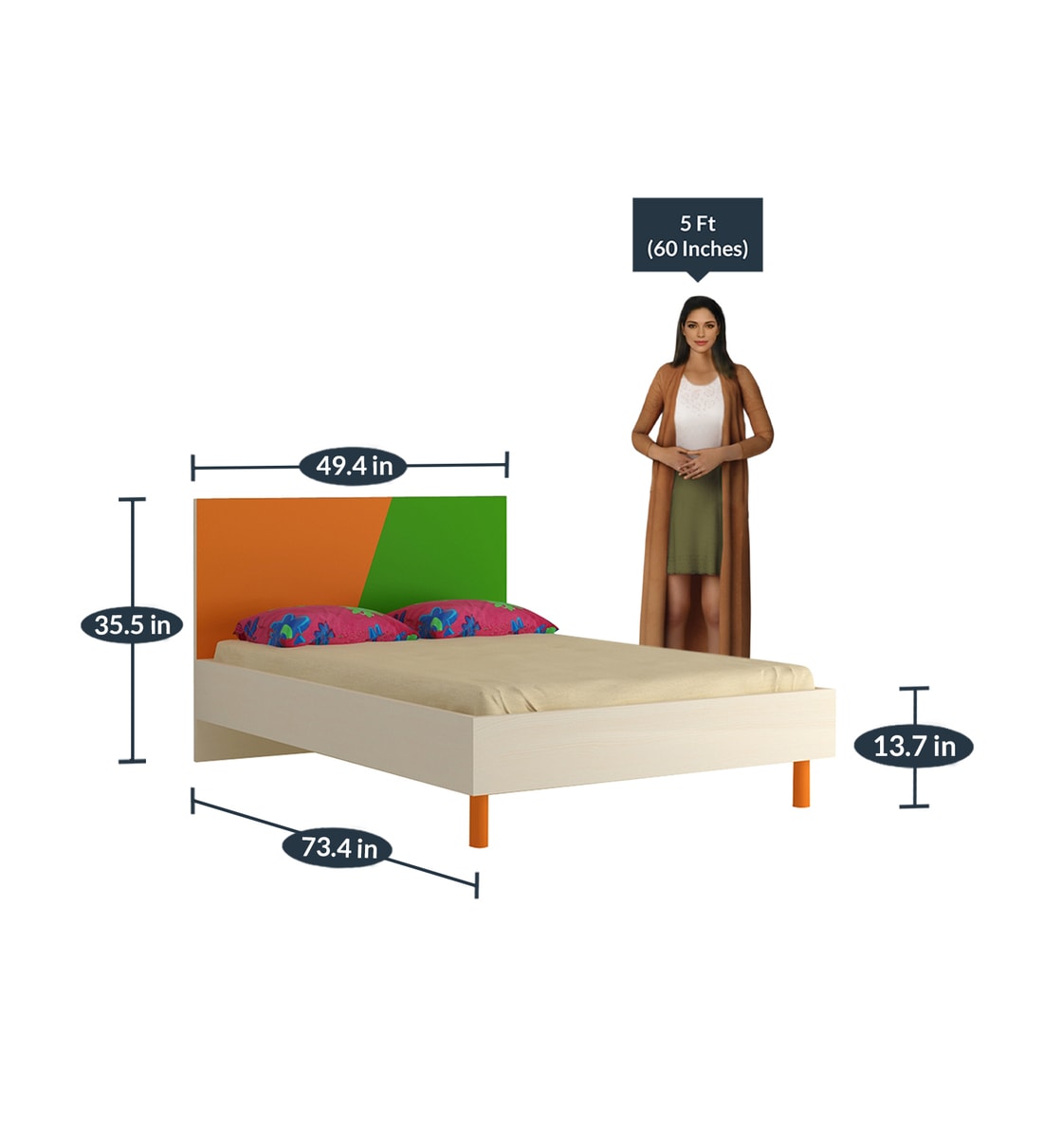 Buy Fiona Compact Double Bed in Light Orange & Verdant Green with Light Woodgrain Finish by