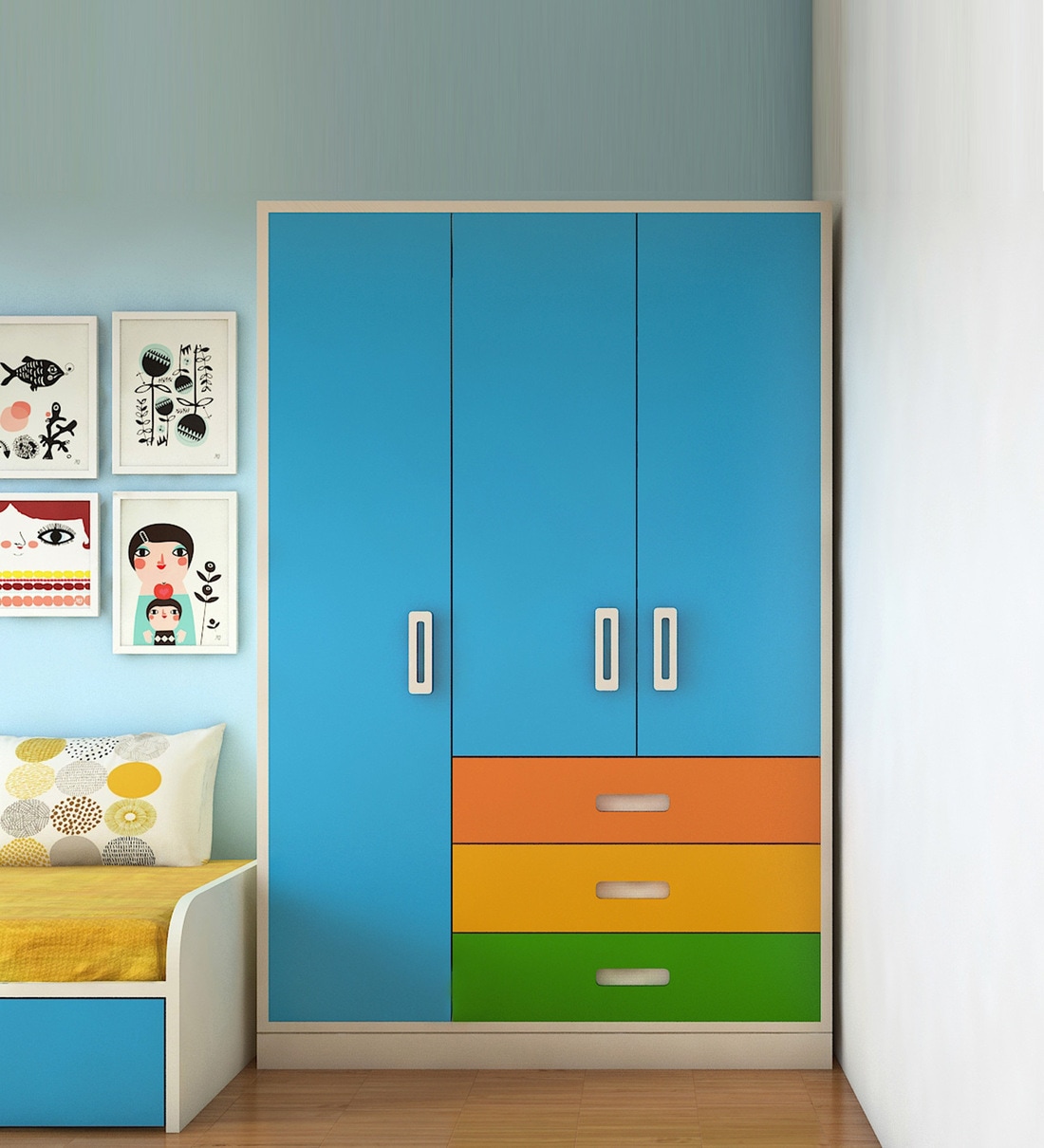 Buy Fiona Kids 3 Door Wardrobe With External Drawers In Azure Finish By Adona Online 3 Door Wardrobes Kids Storage Kids Furniture Pepperfry Product