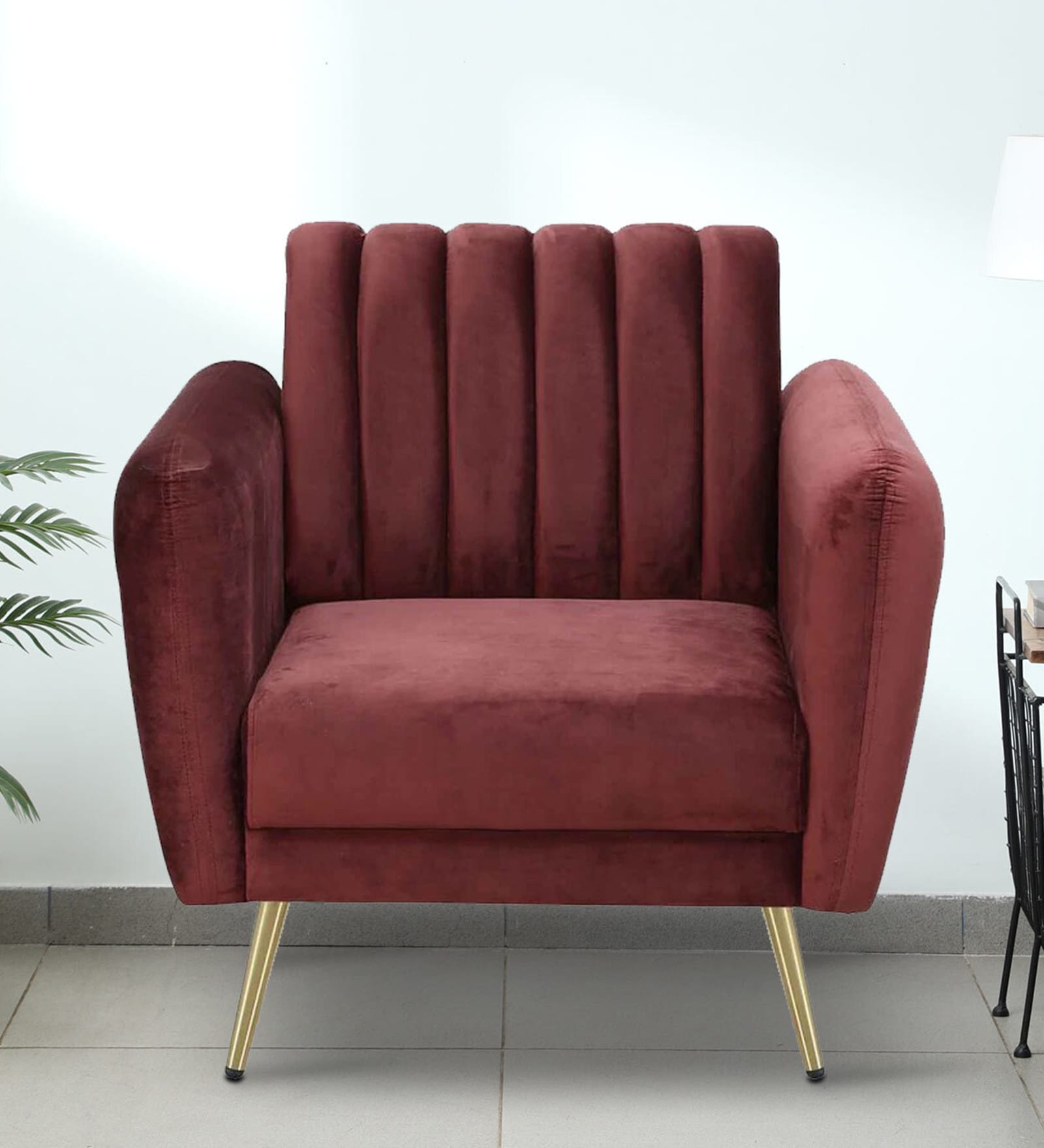 Fidel Velvet 1 Seater Sofa In Wine Red Colour
