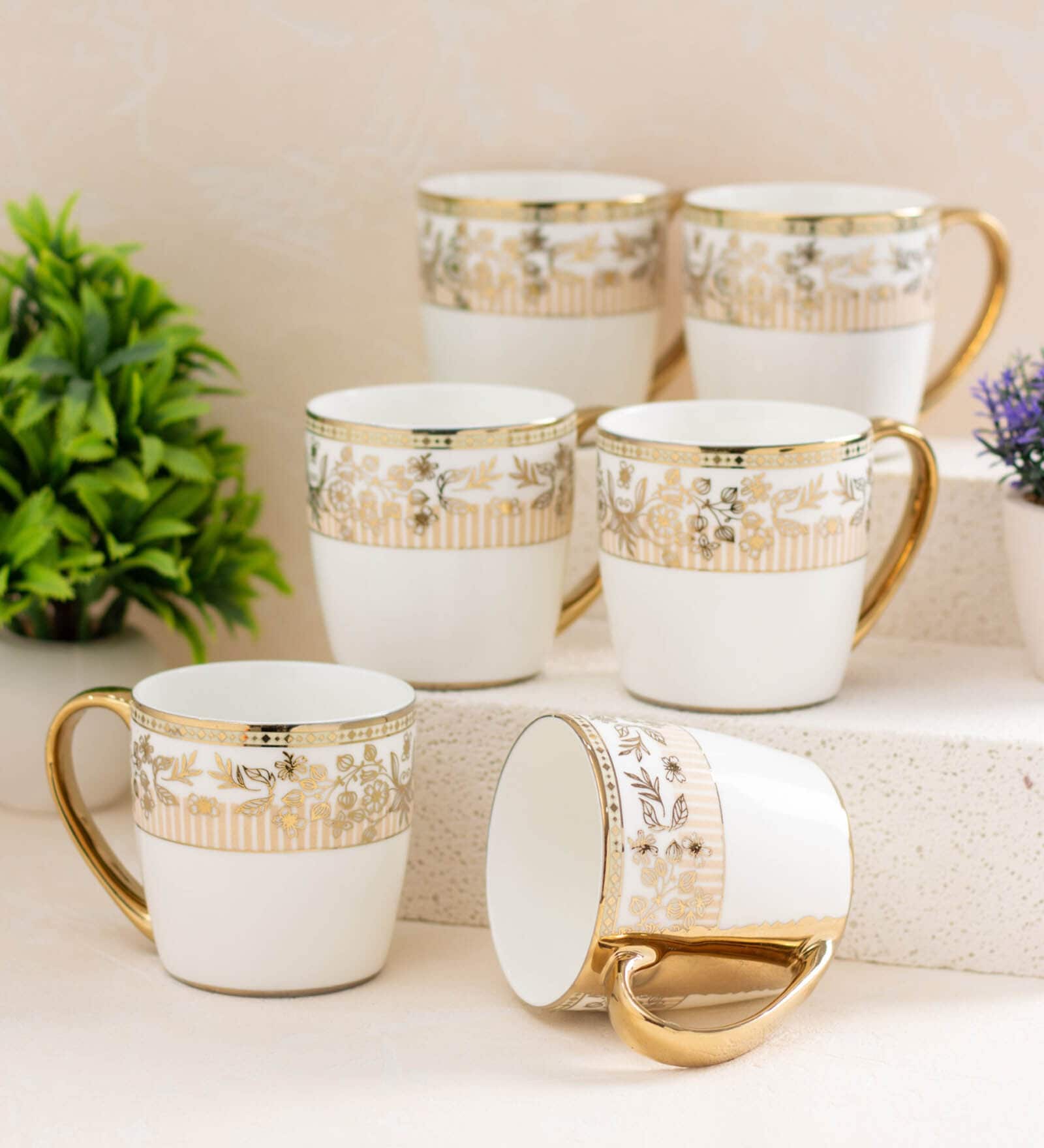 White Fine Ceramic Alton Ebony Tea Cup Set Of 6